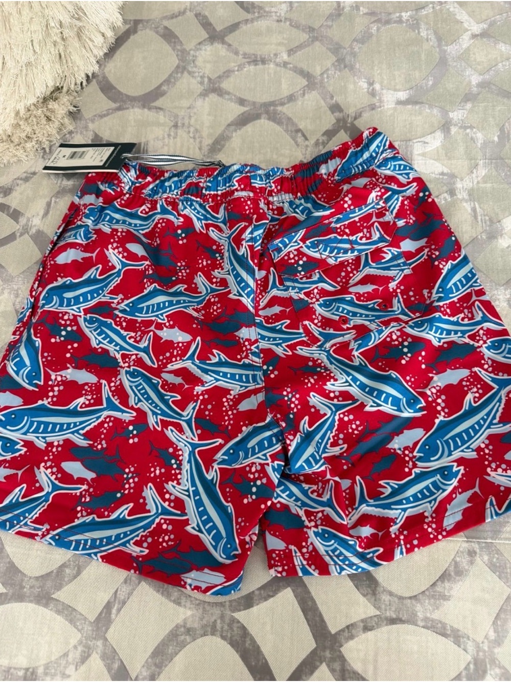 Vineyard Vines Kids Red and Blue Shark Print Swim Trunks
Boys size medium
